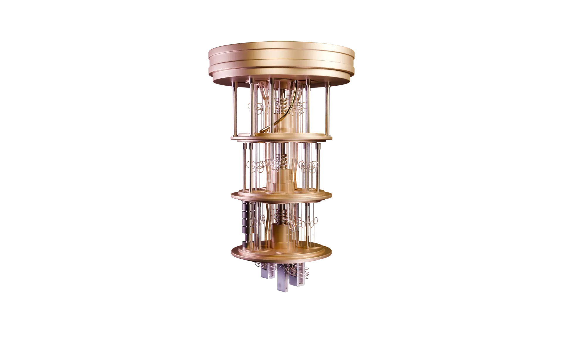 Full 3D render of the quantum computer, from the top flange down to the processor